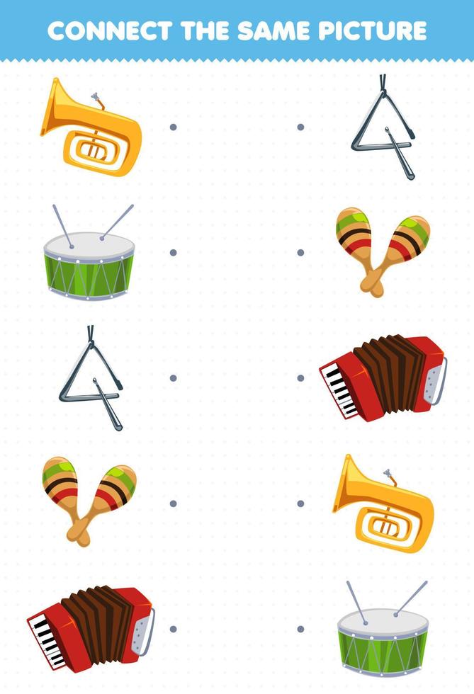 Education game for children connect the same picture of cartoon music instrument tuba drum triangle maracas accordion printable worksheet vector