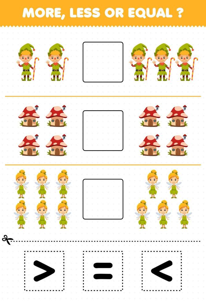 juego de educación para niños más menos o igual cuenta la cantidad de lindos dibujos animados casa de hongos enanos disfraz de hada luego corta y pega corta el letrero correcto hoja de trabajo de halloween vector