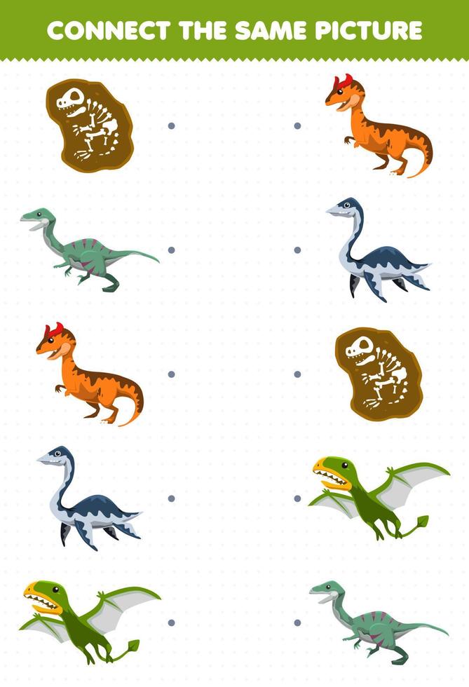 Education game for children connect the same picture of cute cartoon prehistoric dinosaur printable worksheet vector