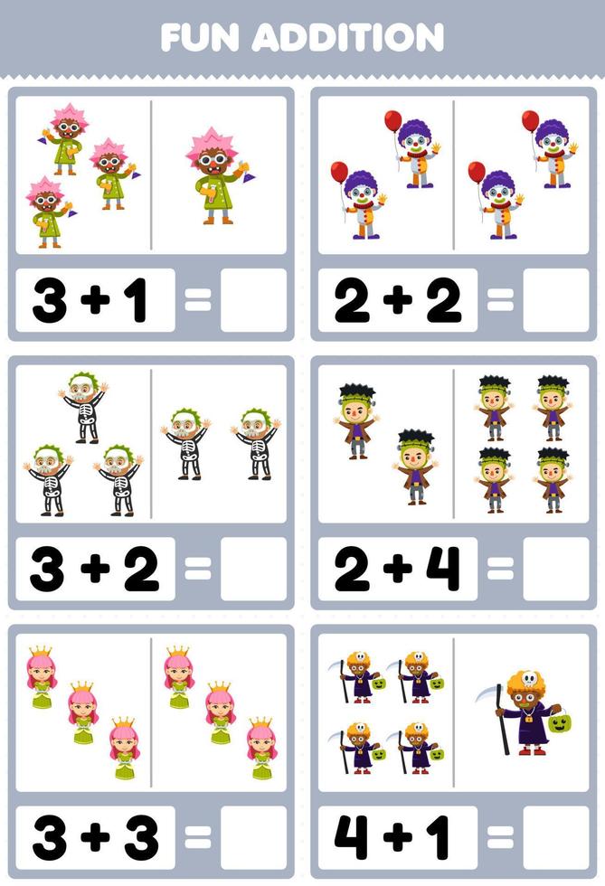 Education game for children fun addition by counting and sum of cute cartoon scientist clown skeleton frankenstein queen costume halloween printable worksheet vector