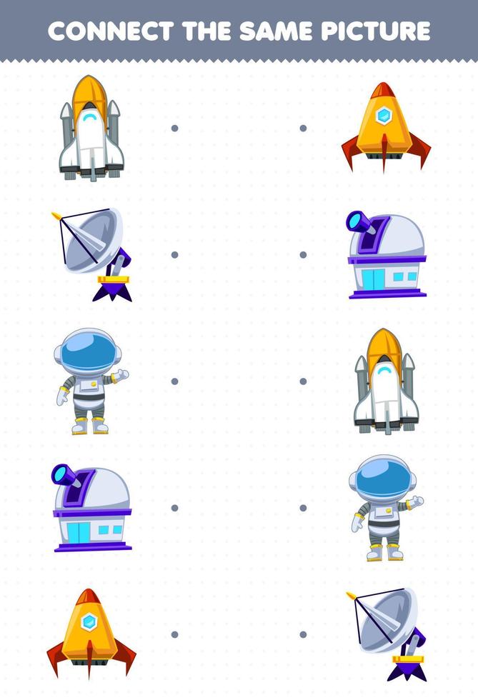 juego educativo para niños conecte la misma imagen de dibujos animados lindo sistema solar nave espacial radar astronauta planetario cohete hoja de trabajo imprimible vector