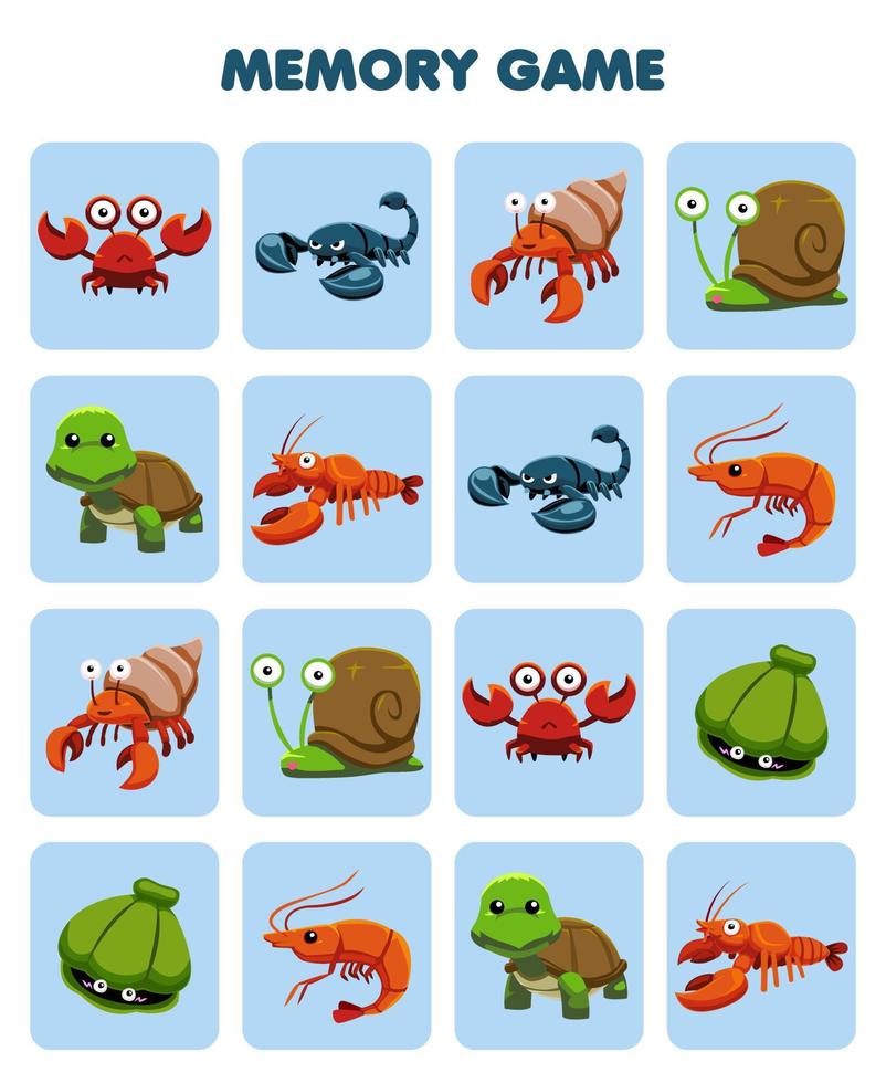 Education game for children memory to find similar pictures of cute cartoon animal with hard shell printable worksheet vector