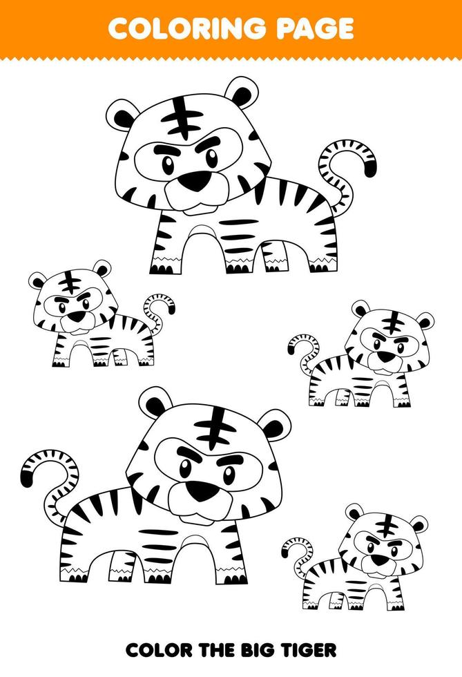 Education game for children coloring page big or small picture of cute cartoon tiger animal line art printable worksheet vector