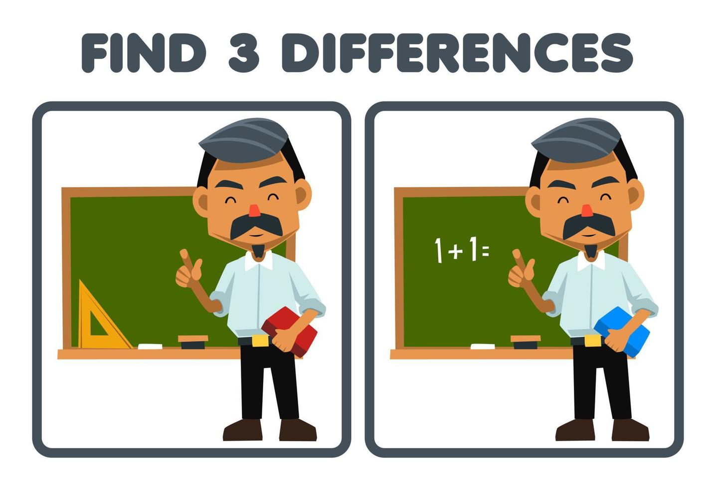 Education game for children find three differences between two cute cartoon teacher profession printable worksheet vector