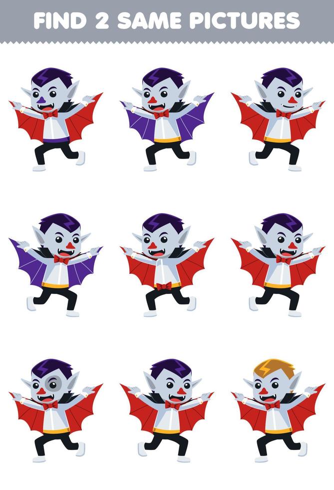 Education game for children find two same pictures of cute cartoon dracula boy costume halloween printable worksheet vector