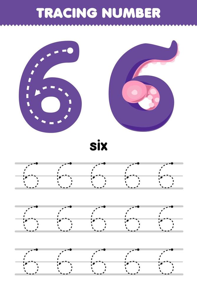 Education game for children tracing number six with halloween theme purple tentacle printable worksheet vector