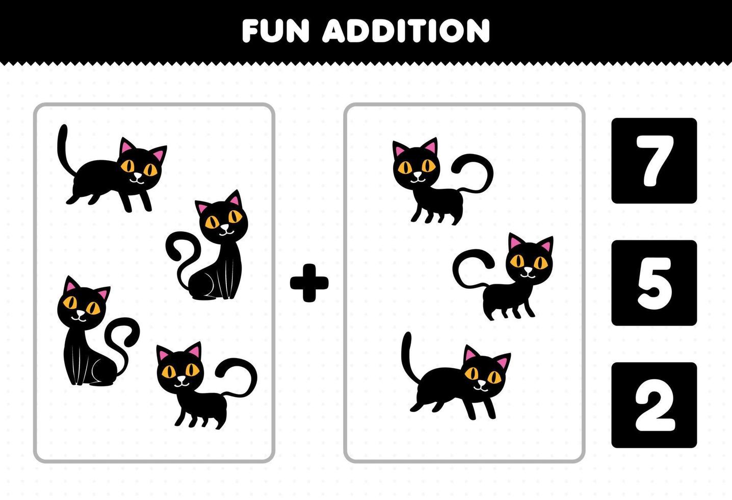 Education game for children fun addition by count and choose the correct answer of cute cartoon black cat halloween printable worksheet vector