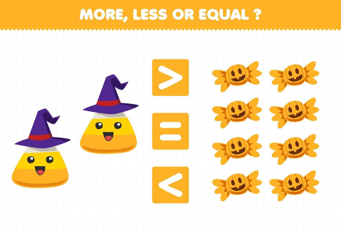 juego educativo para niños más menos o igual cuenta la cantidad de dibujos animados lindos dulces de maíz hoja de trabajo imprimible de halloween vector