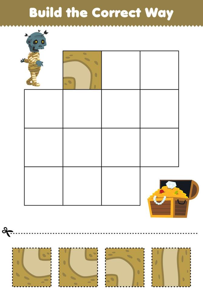 juego educativo para niños construye la forma correcta ayuda a la linda momia de dibujos animados a moverse al cofre del tesoro hoja de trabajo imprimible de halloween vector