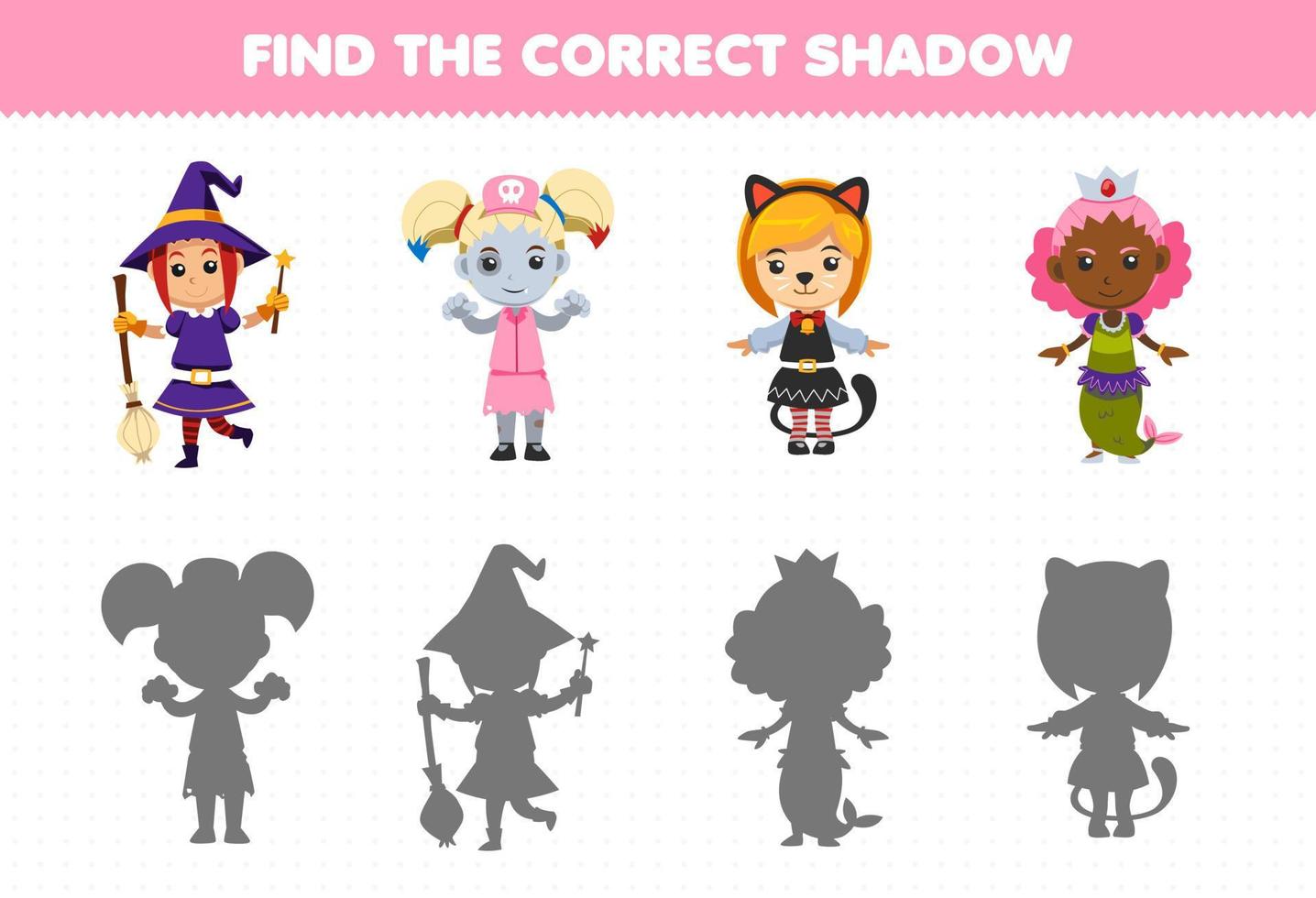 Education game for children find the correct shadow set of cute cartoon witch zombie girl car mermaid costume halloween printable worksheet vector