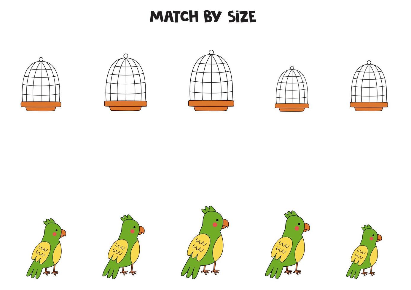 juego de correspondencias para niños en edad preescolar. unir loros y jaulas por tamaño. vector