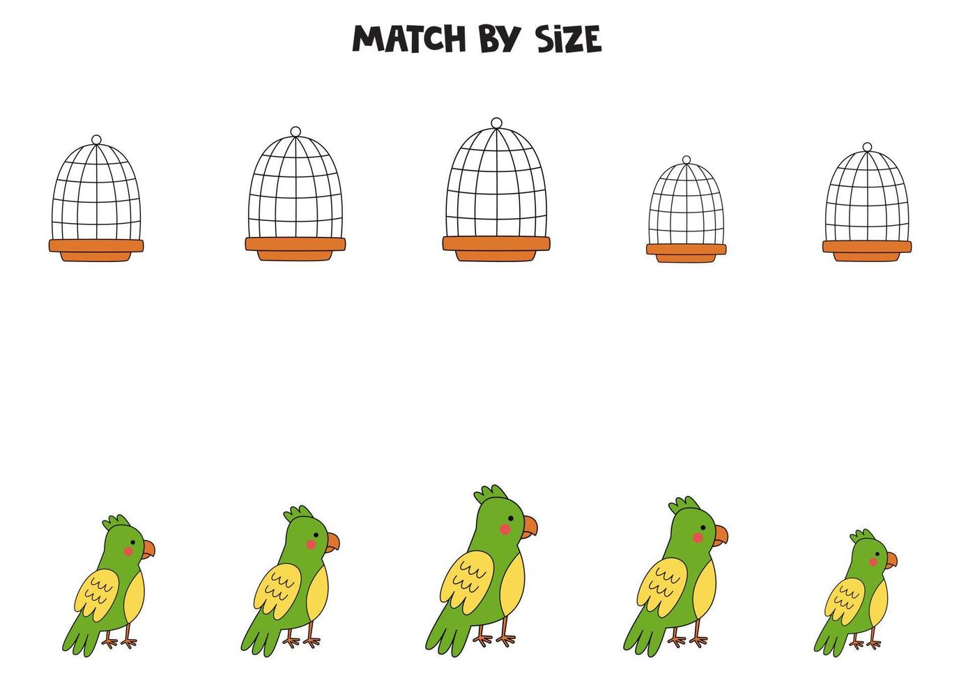Matching game for preschool kids. Match parrots and cages by size. vector