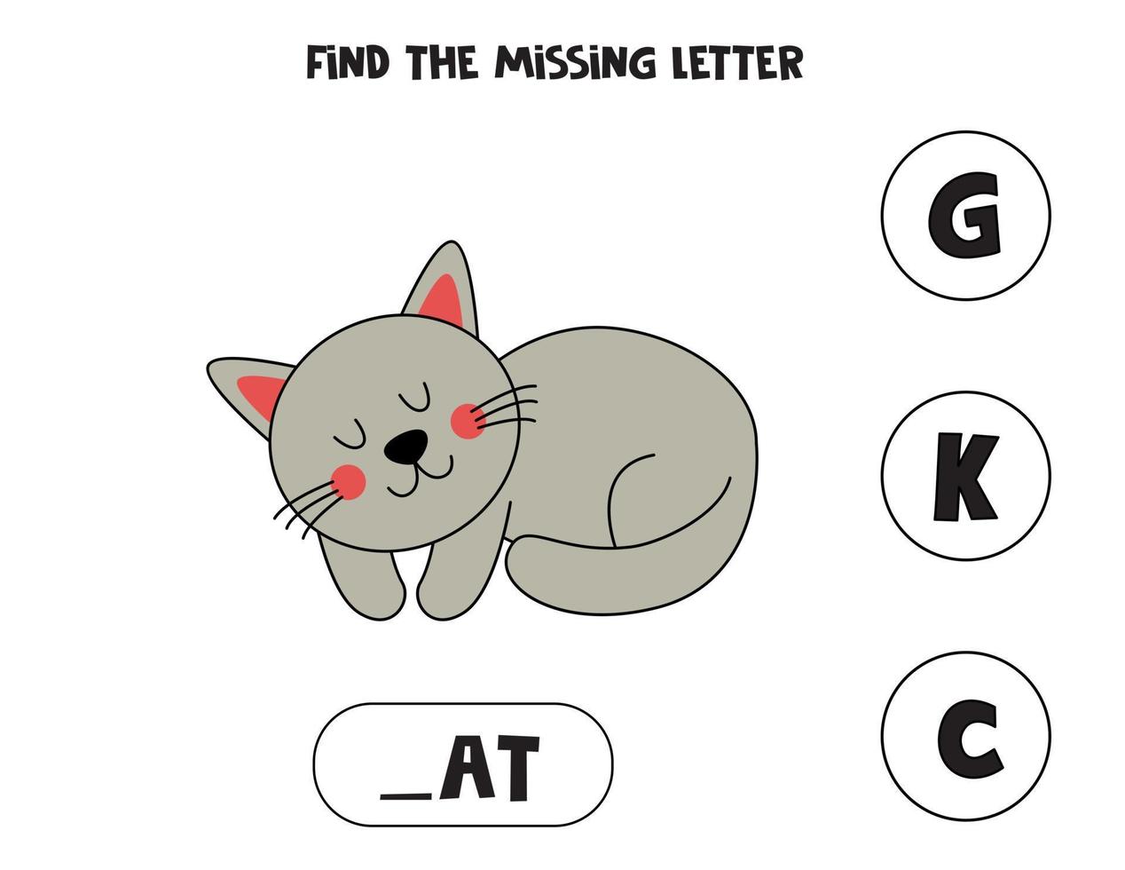 Find missing letter with cute cat. Spelling worksheet. vector