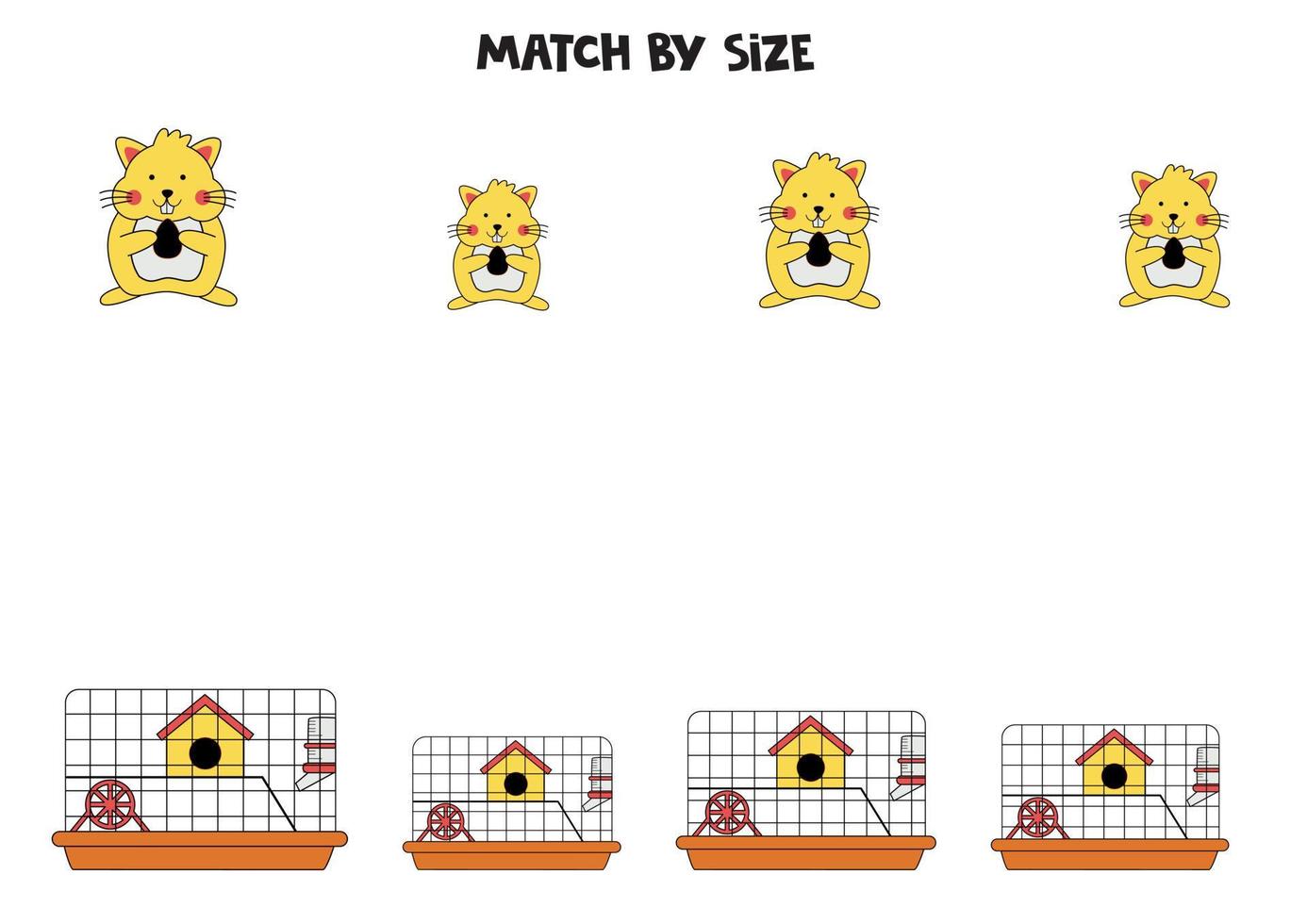 Matching game for preschool kids. Match hamsters and cages by size. vector