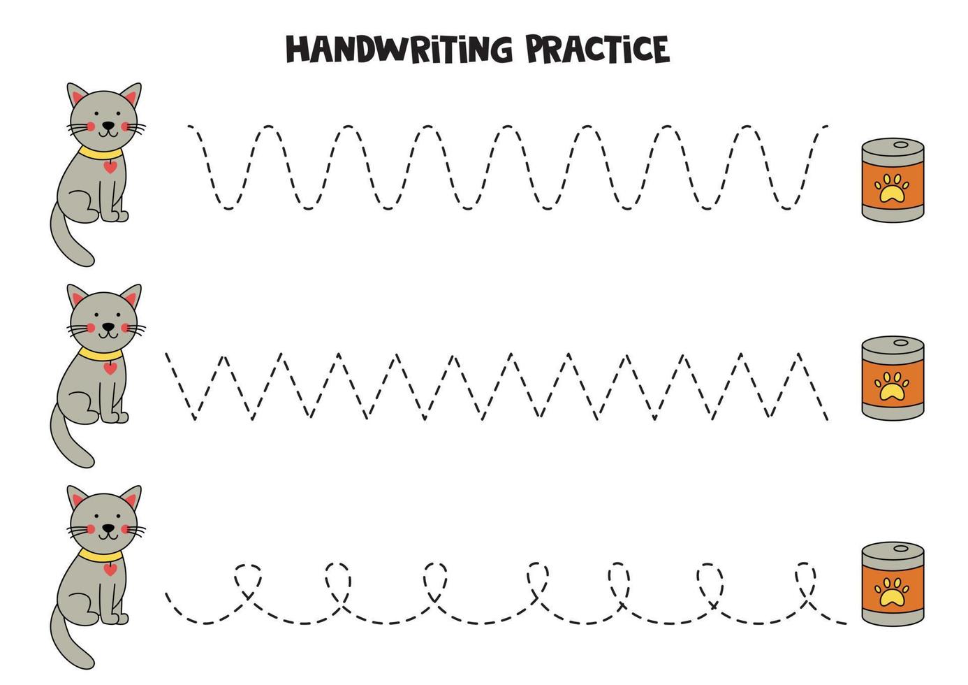 Tracing lines for kids. Cute cat and food. Writing practice. vector