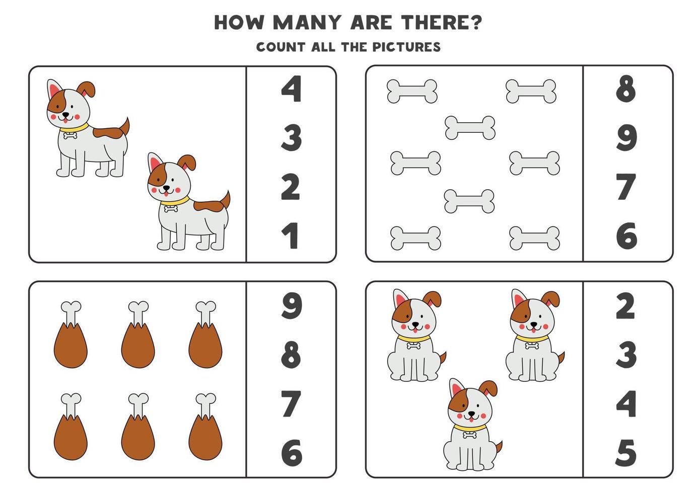 Counting game with cute hand drawn dogs. Educational worksheet. vector