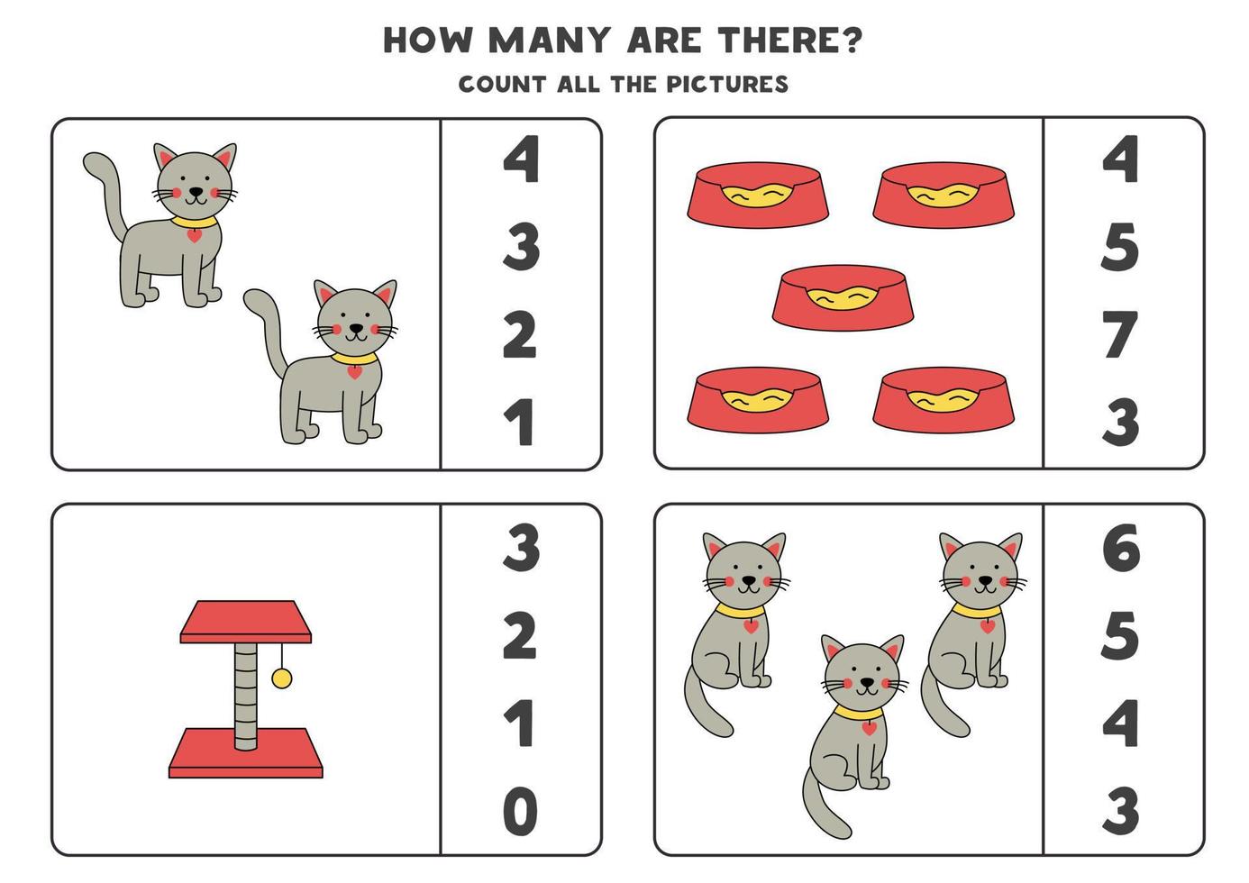 Counting game with cute hand drawn cats. Educational worksheet. vector