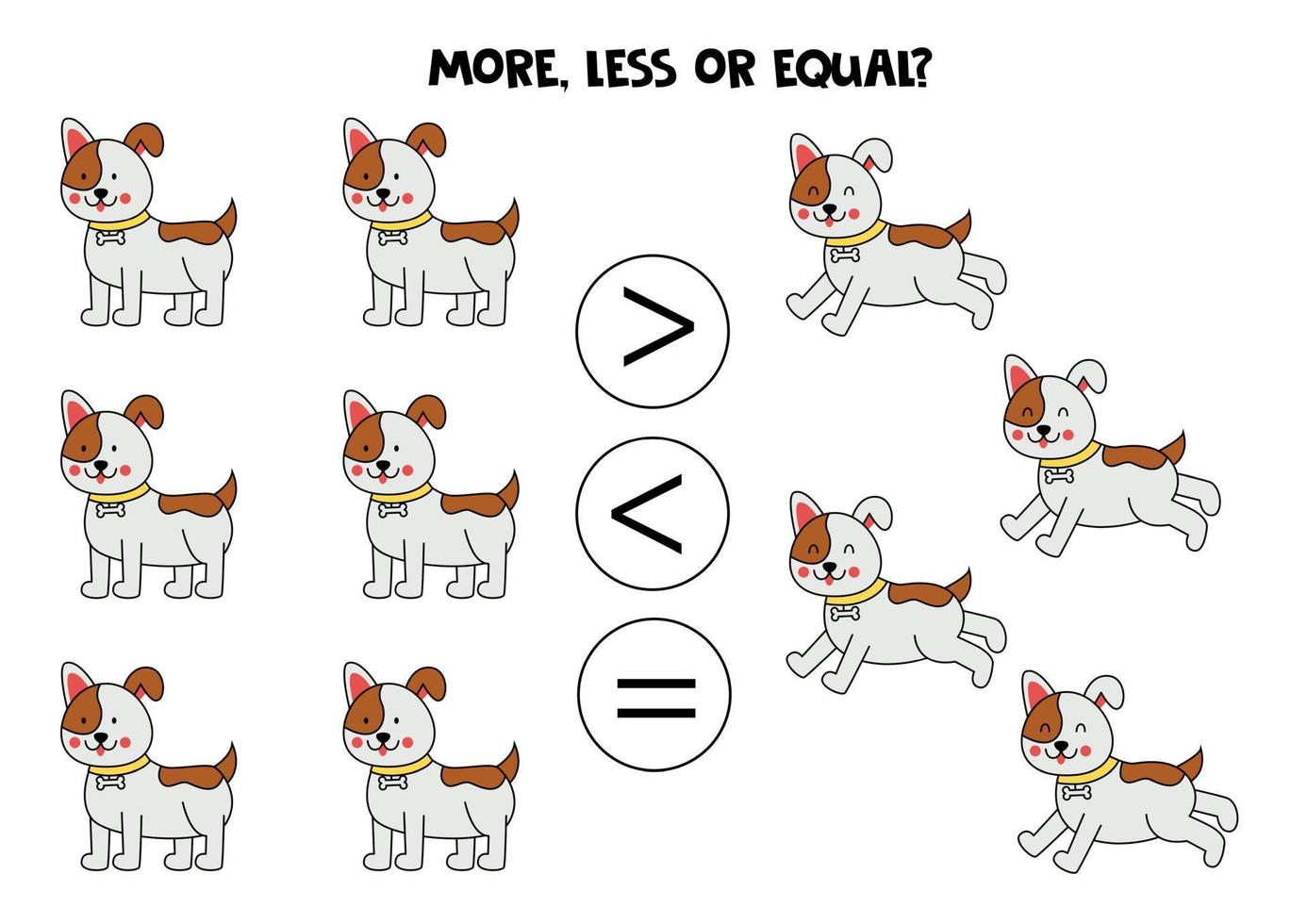 More, less, equal with cute cartoon dogs. vector
