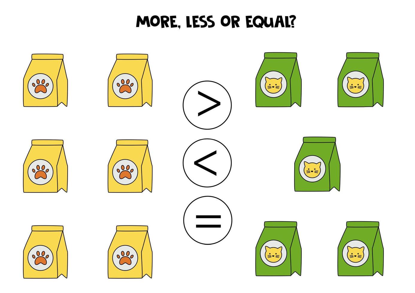 More, less, equal with cartoon food for dogs and cats. vector