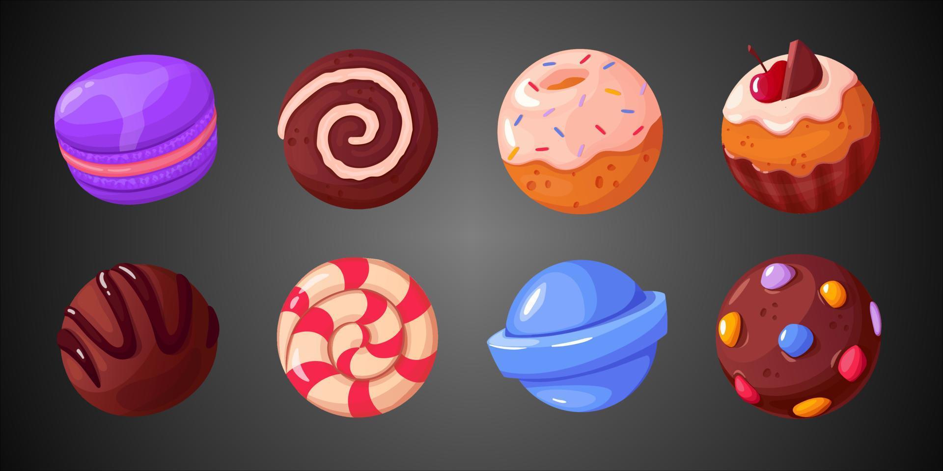 conjunto de vectores de dibujos animados de iconos de juego de dulces y pasteles. elementos de la interfaz de usuario