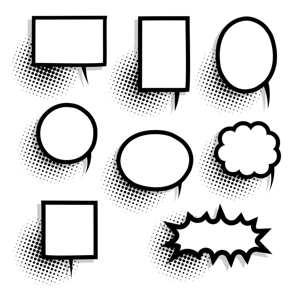 Collection set of cute hand drawn pop art polka dots halftone, blank speech bubble balloon circle and square shape, shout, think, speak, talk, text box, banner, flat, design, vector illustration