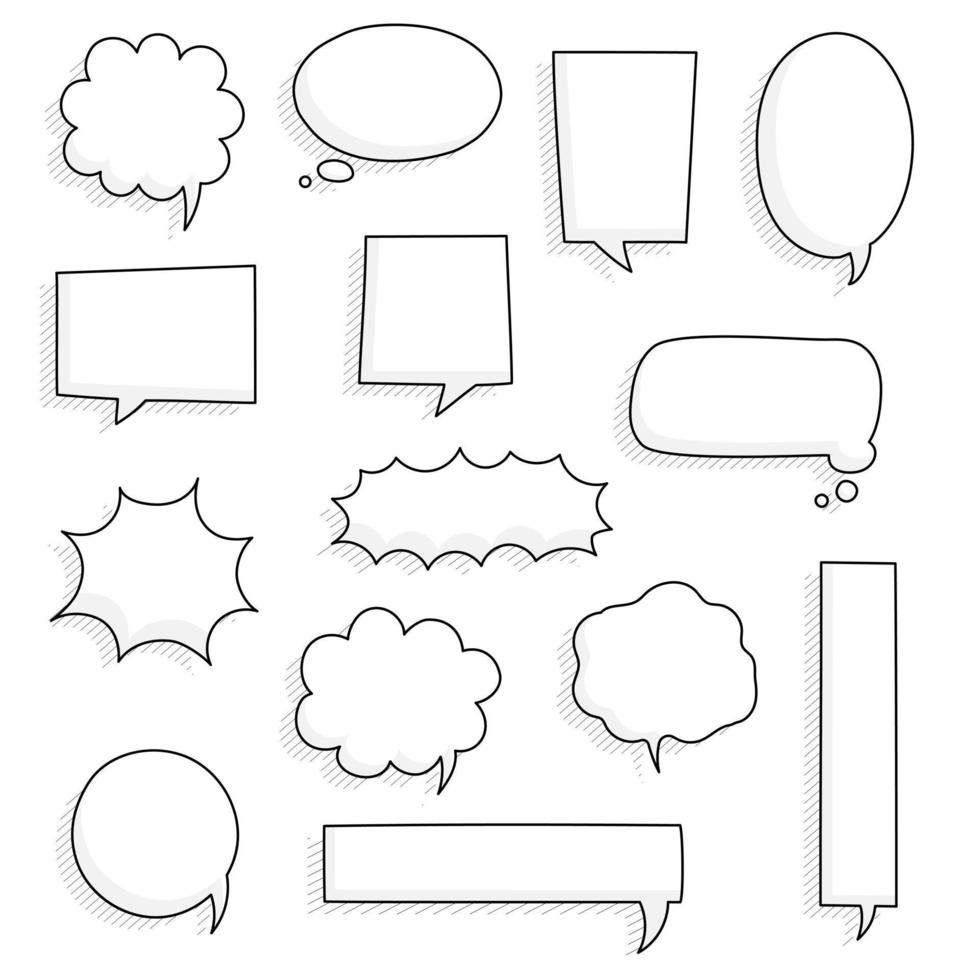 collection set of hand drawn blank speech bubble balloon, think, speak, talk, text box banner with shadow, black and white color, flat design vector illustration
