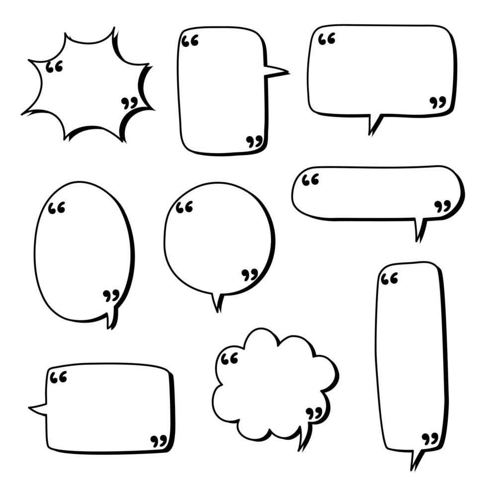 collection set of blank hand drawn speech bubble balloon with quotation marks, think speak talk whisper text box, flat vector illustration design isolated