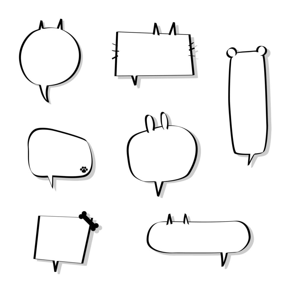 collection set of hand drawn speech bubble balloon, think, speak, talk, text box banner with animal pet, cat, rabbit, dog, bear, flat design vector illustration