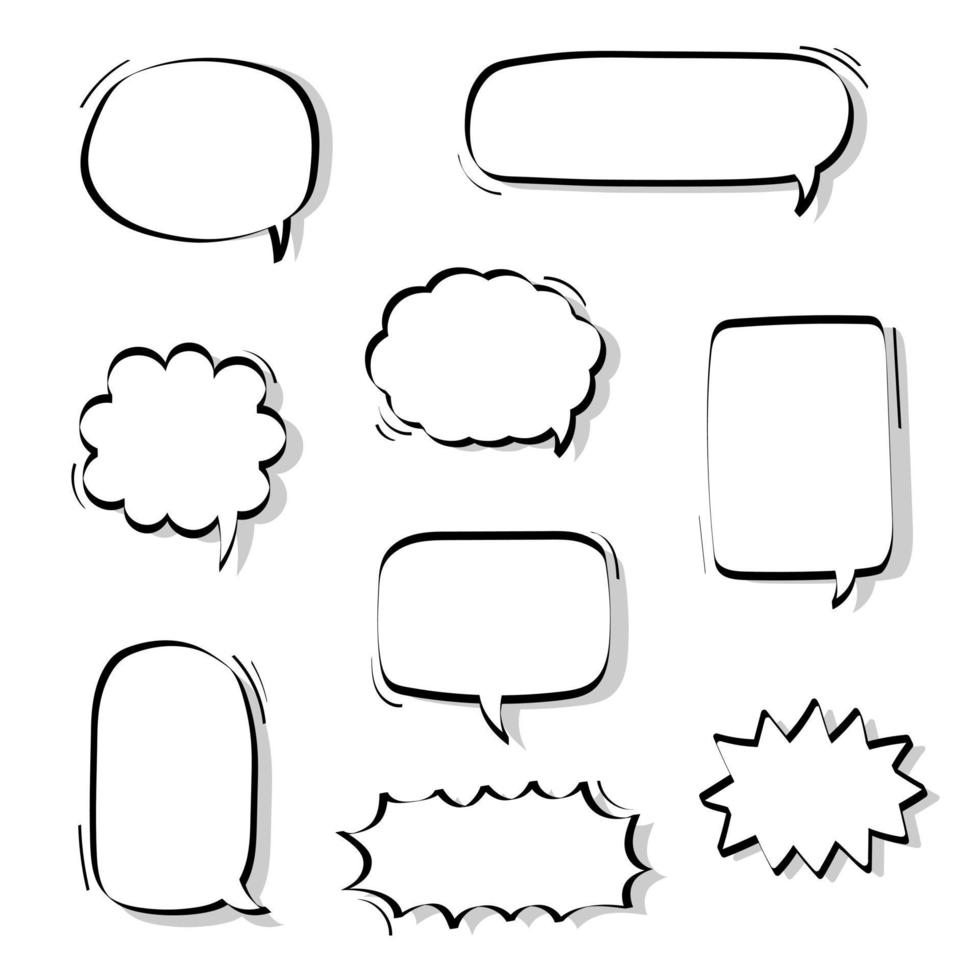 collection set of blank black and white hand drawing speech bubble balloon, think speak talk text box, banner, flat vector illustration design