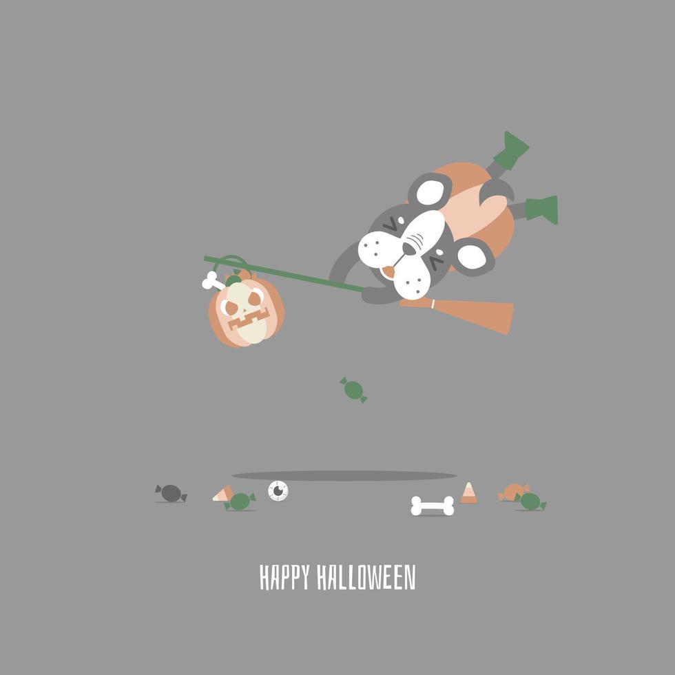 happy halloween holiday festival with cute french bulldog pug and pumpkin and broom, flat vector illustration cartoon character design