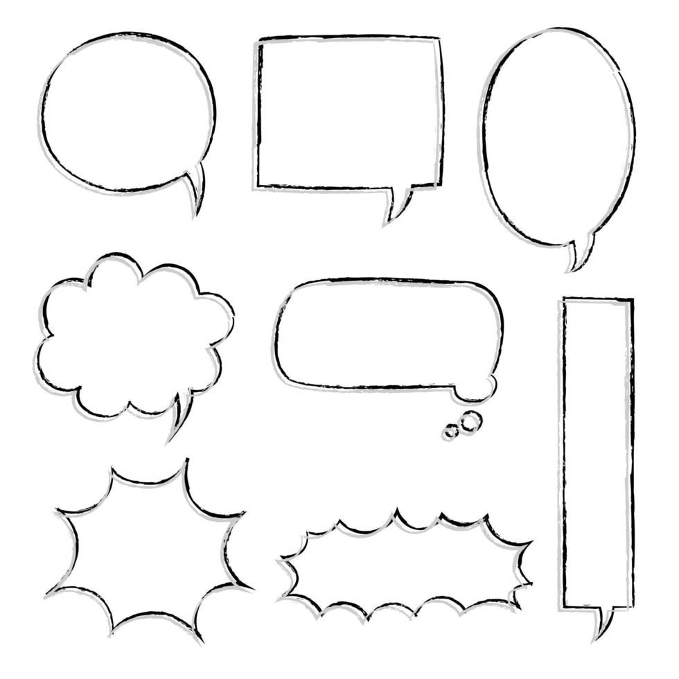 collection set of hand drawing, grunge, crayon, chalk, blank speech bubble balloon, think, speak, talk, text box, banner, black and white colour, flat, design, vector illustration