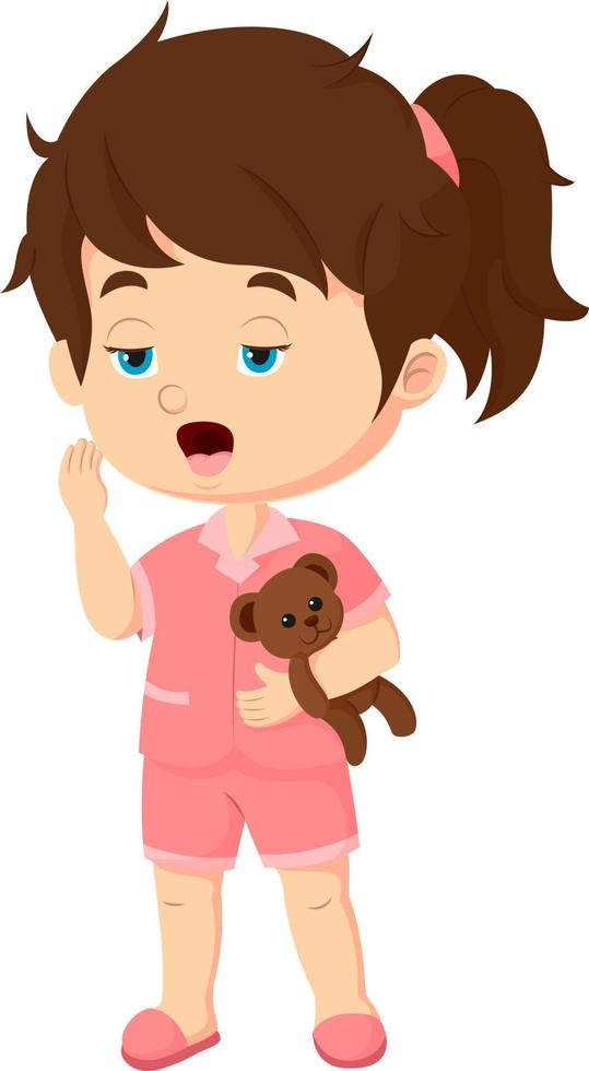 Cute girl wearing pajamas with teddy bear yawning vector