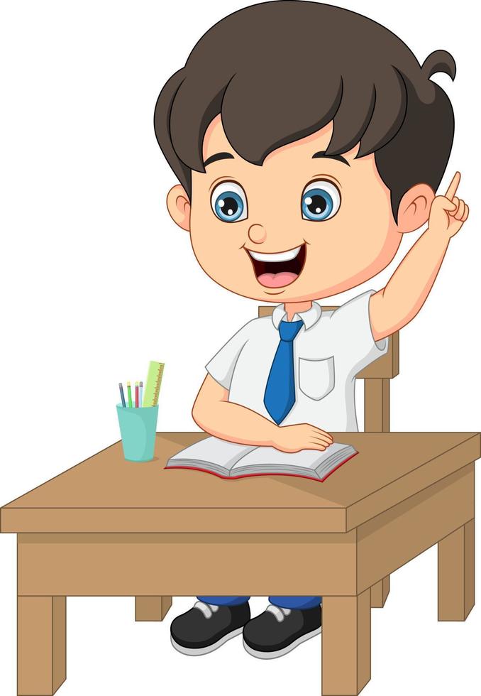 Cute little boy sitting on the desk with raising his finger pointing up vector
