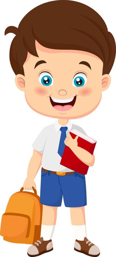 Cute school boy holding a book and bag vector