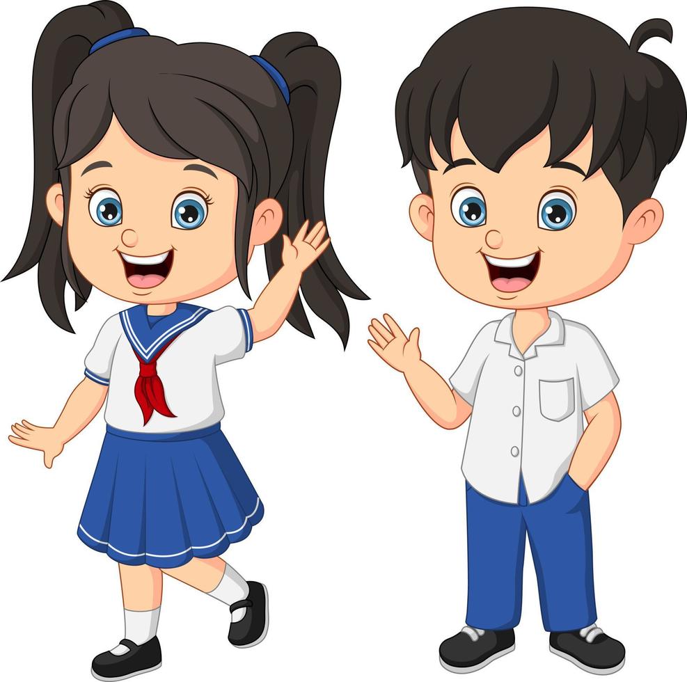 Cute dibujos animados escolares agitando las manos vector