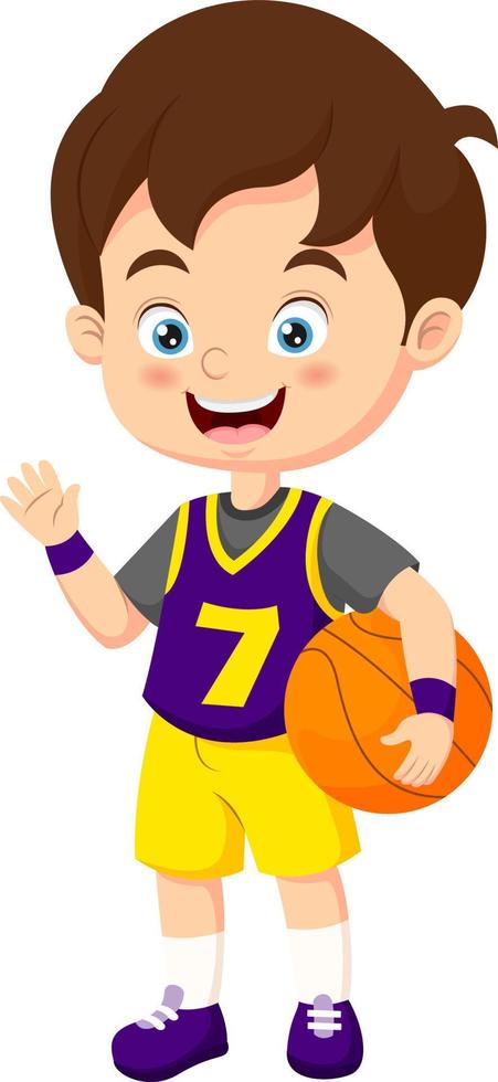 Cute boy basketball player waving hand vector