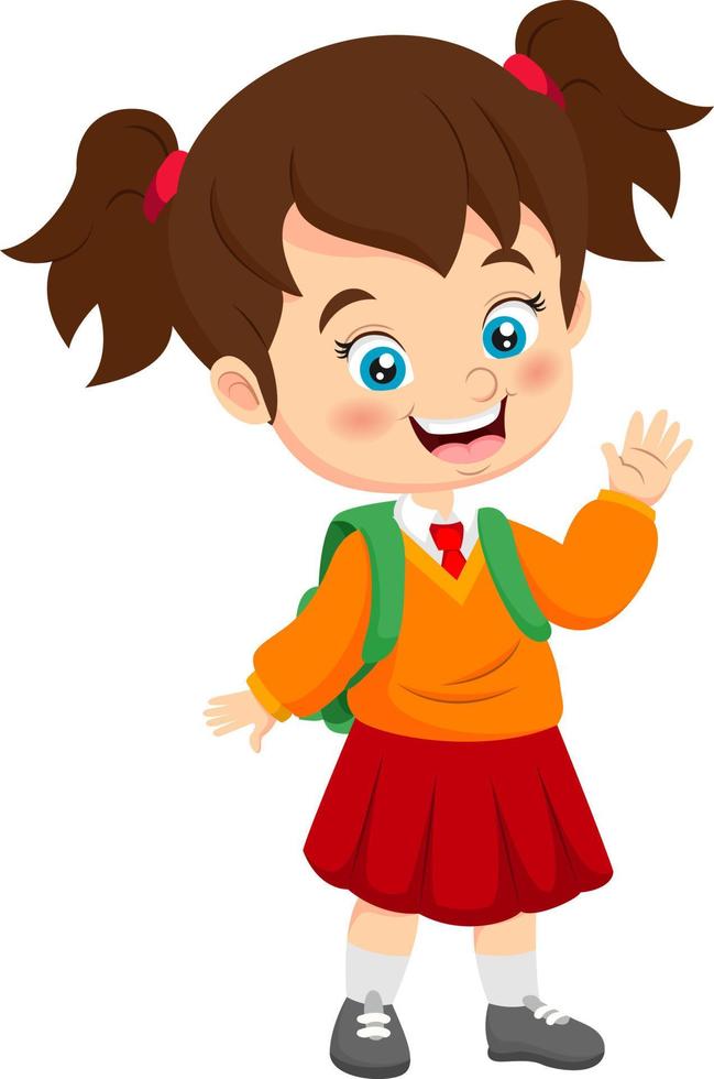 Cute indonesian elementary school girl wearing red and white uniform waving hand vector