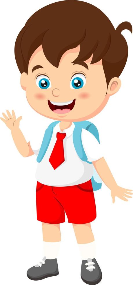 Cute Indonesian elementary school boy wearing red and white uniform waving hand vector