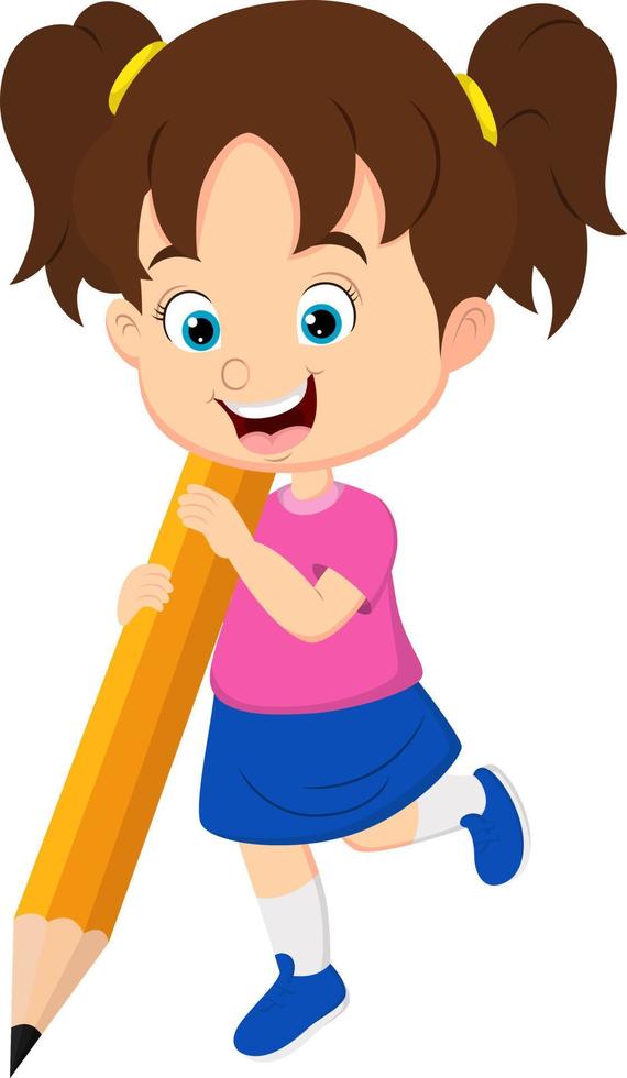 linda niña sosteniendo un lápiz grande vector