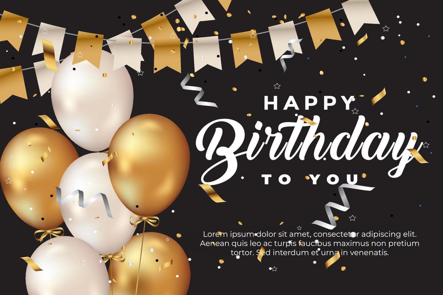 luxury happy birthday greeting template with balloon, birthday flag and glitter vector