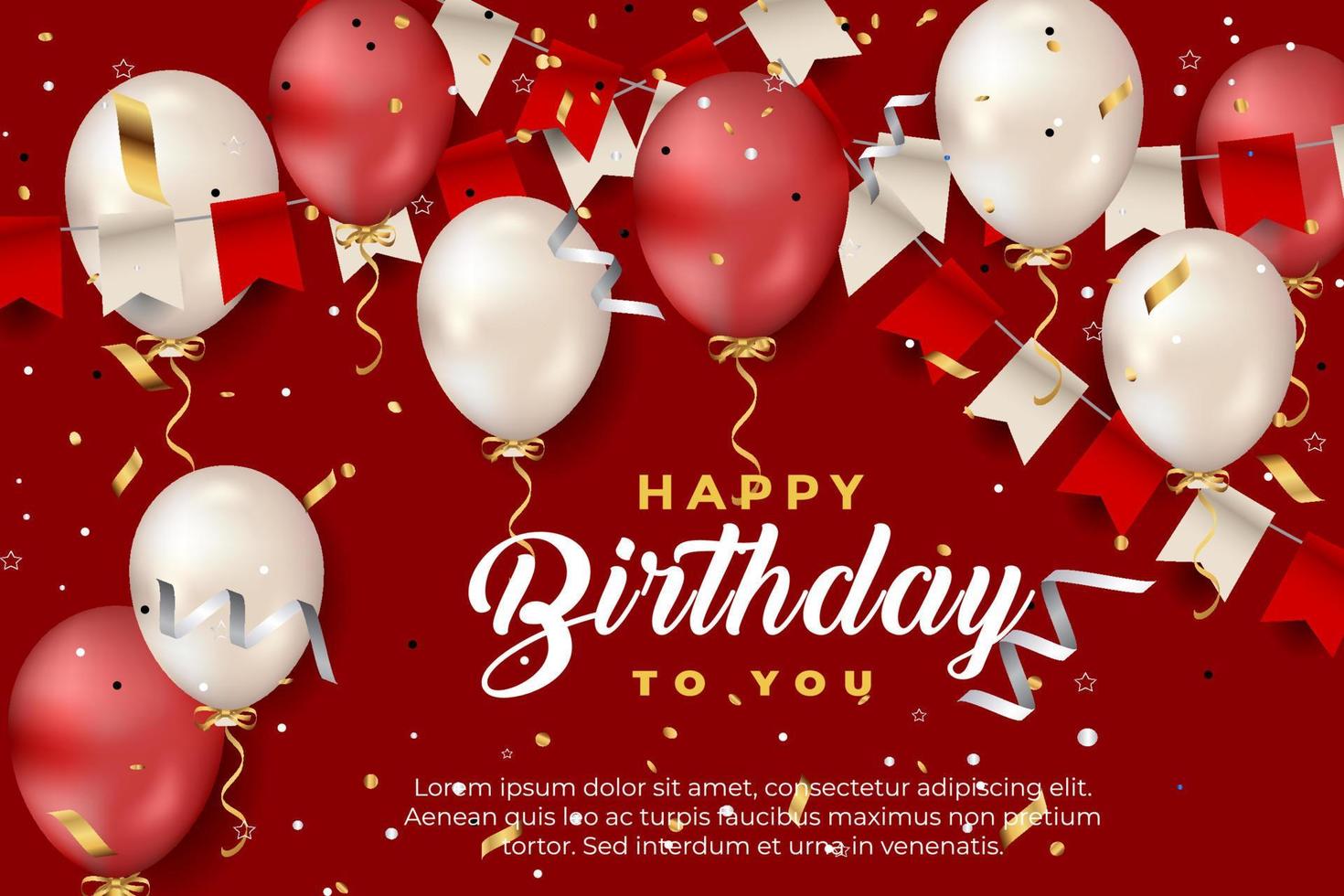 luxury happy birthday greeting template with balloon, birthday flag and glitter vector