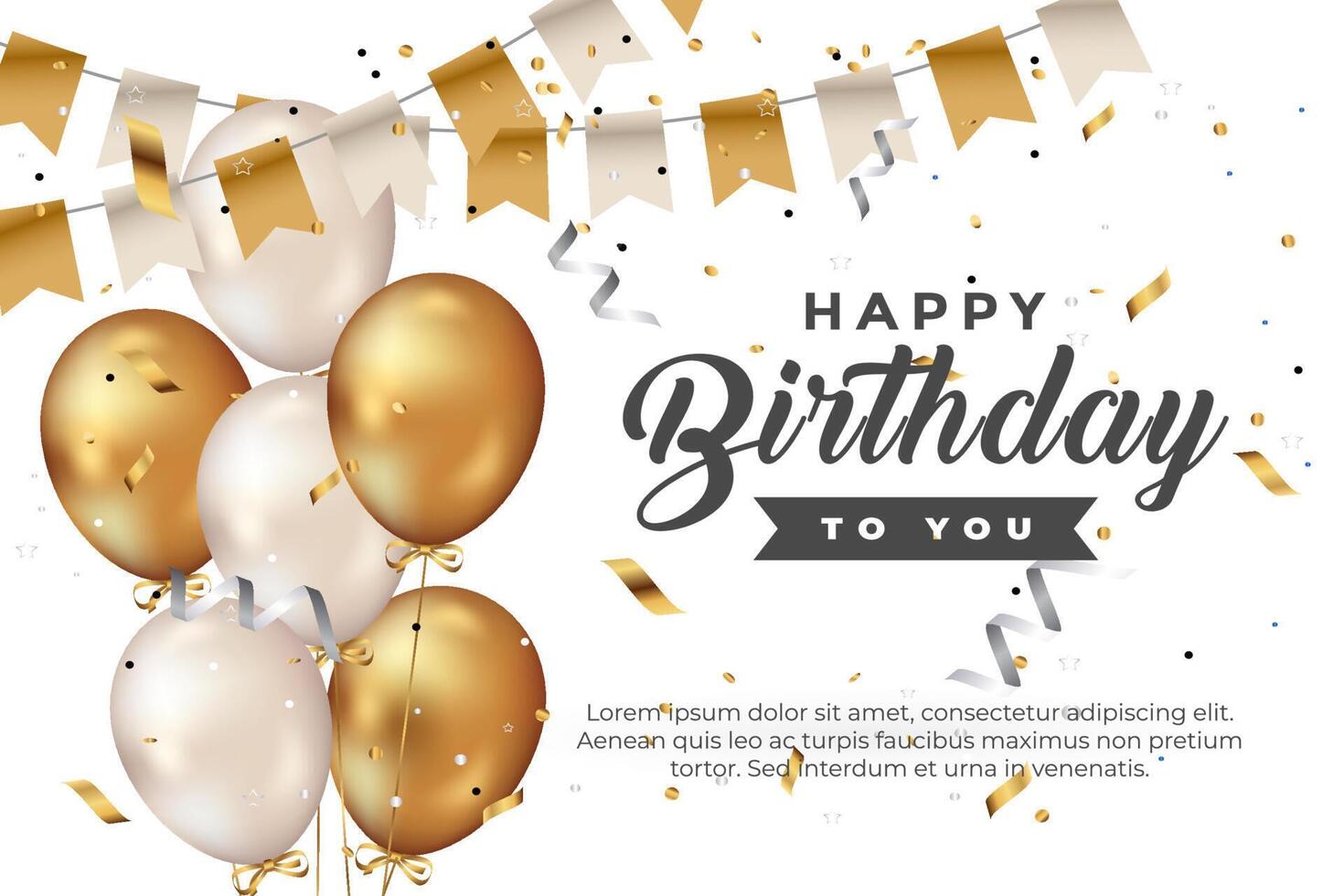 luxury happy birthday greeting template with balloon, birthday flag and glitter vector