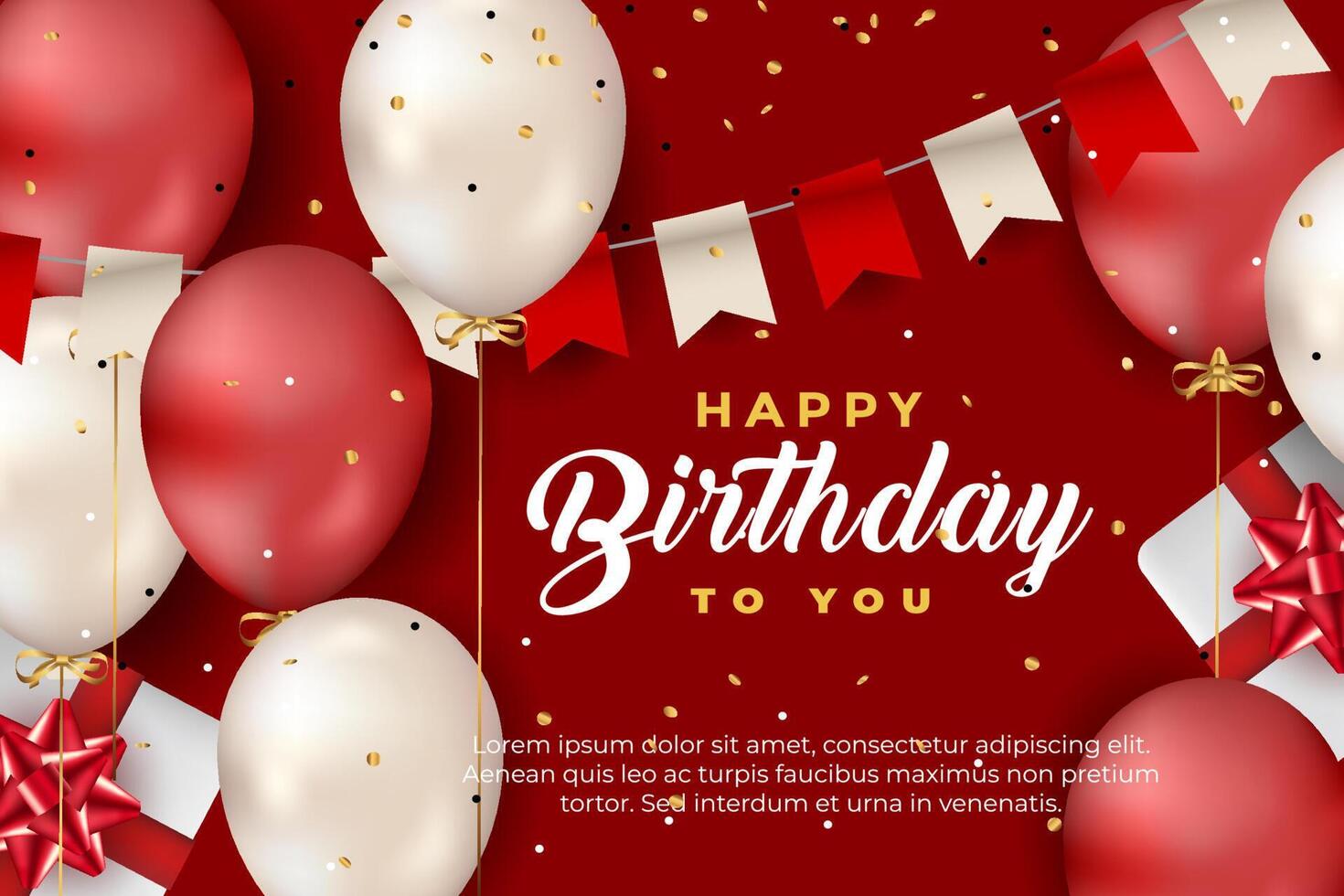 luxury happy birthday greeting template with balloon, birthday flag and glitter vector