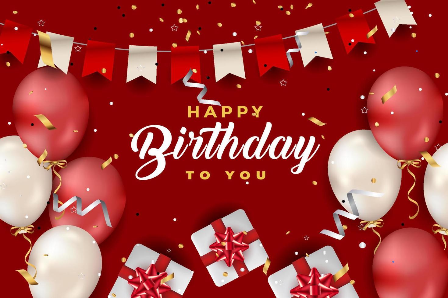 luxury happy birthday greeting template with balloon, birthday flag and glitter vector