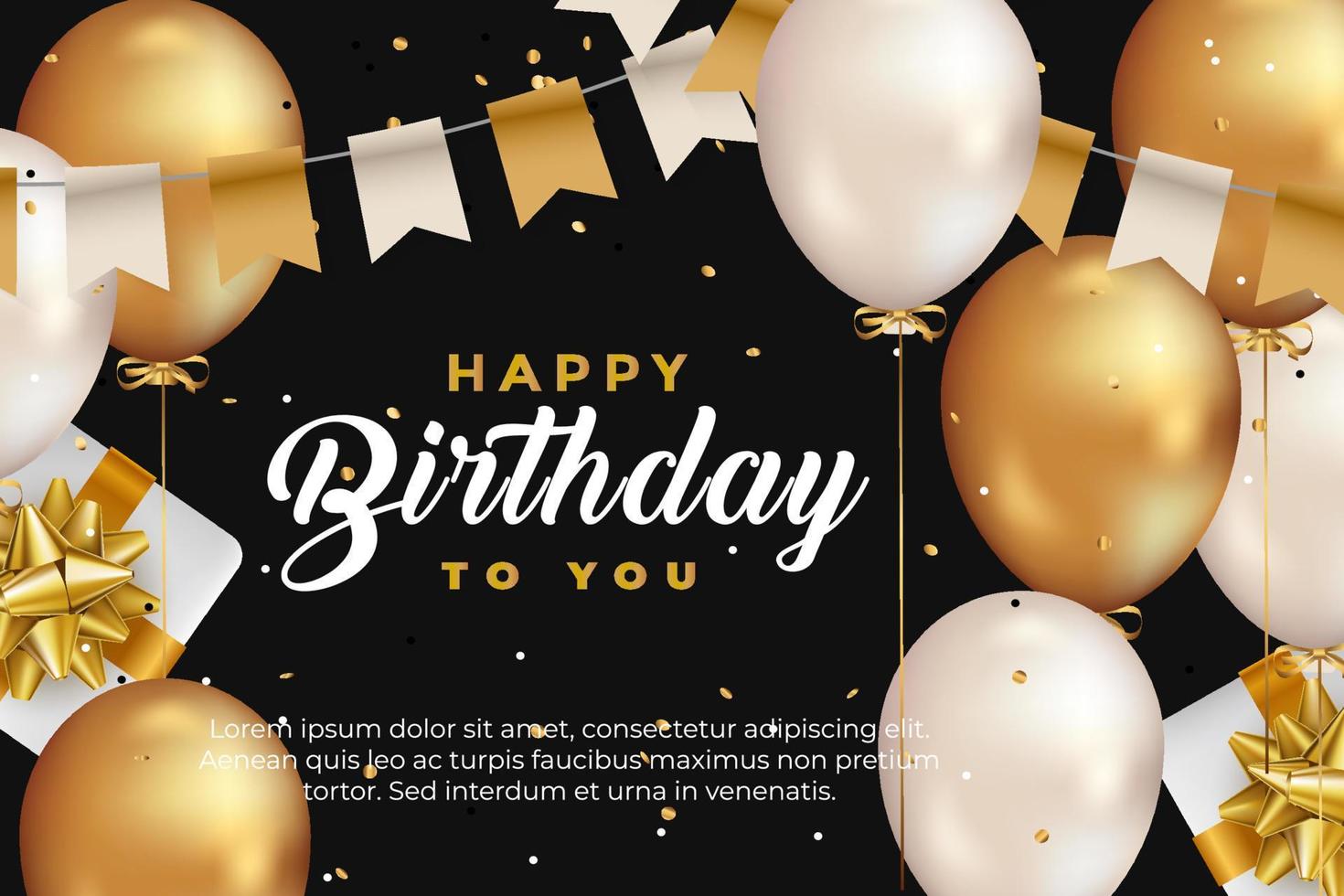 luxury happy birthday greeting template with balloon, birthday flag and glitter vector