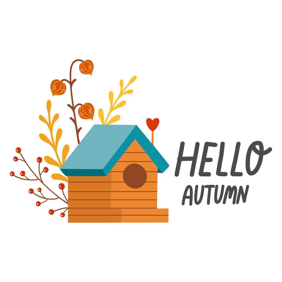 Hello autumn birdhouse fall season vector illustration elements