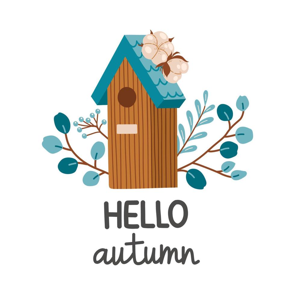 Hello autumn birdhouse fall season vector illustration elements