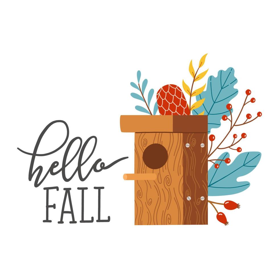 Hello autumn birdhouse fall season vector illustration elements