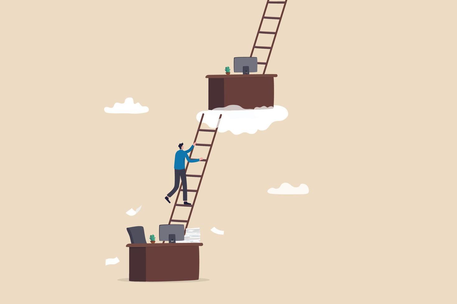 Career path or job promote, occupation or ladder of success, growth step or progress to achieve goal, challenge and ambition concept, businessman climb up ladder from his working desk to higher level. vector