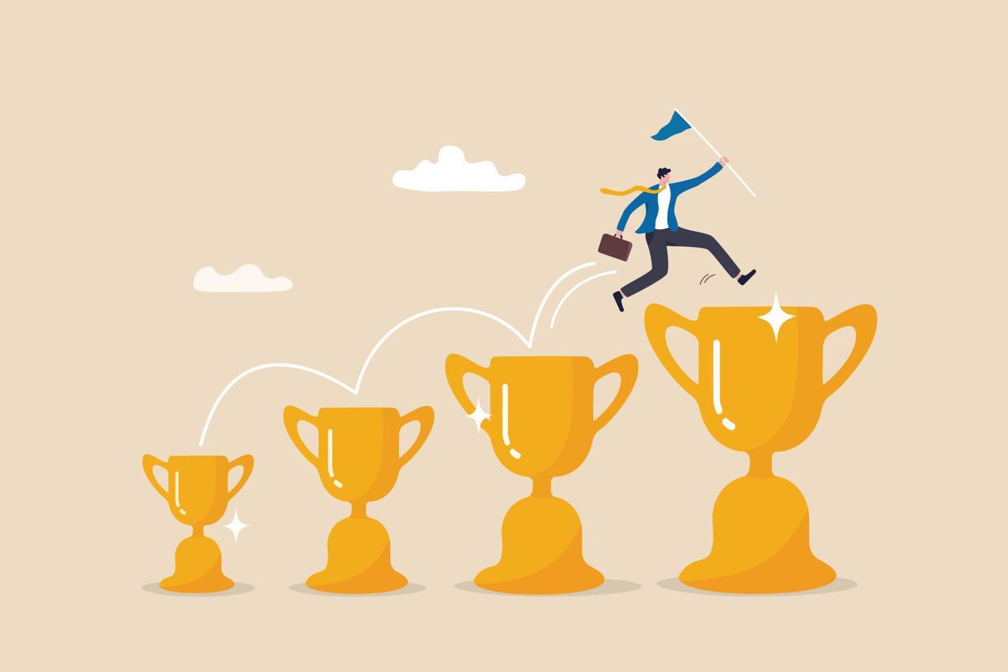Small win or achievement to motivate to achieve bigger goal, strategy or inspiration to success, victory or win award concept, confident businessman jumping from small win trophy to get bigger one. vector